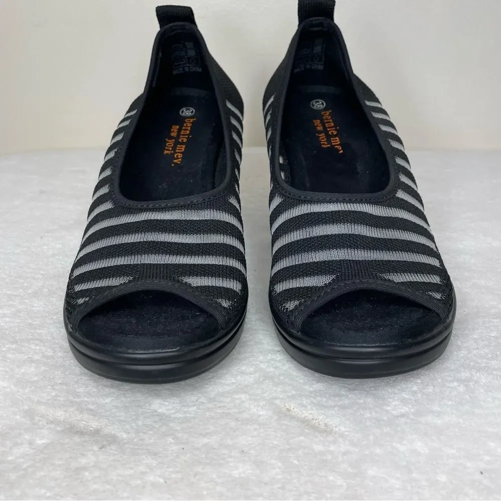 Bernie Mev Peep Toe Heels Stripe Open Toe Shoes Black Gray Size 38